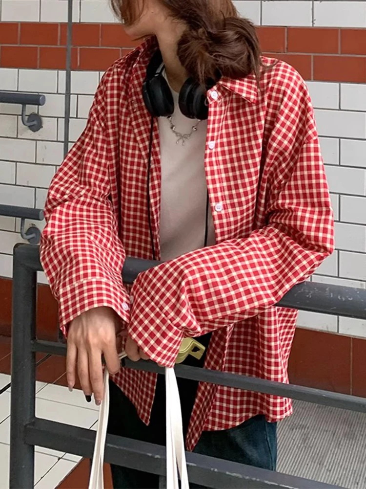 

American Retro Shirt Red Checkered Jacket Women Korean Style Loose Fit Long Sleeve High Street Casual Versatile Spring Wear