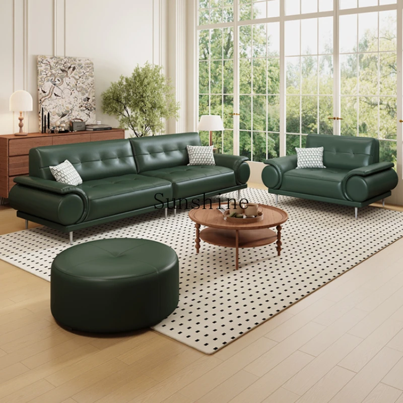 

Dark green leather French sofa living room retro first-layer cowhide high-footed straight-row sofa