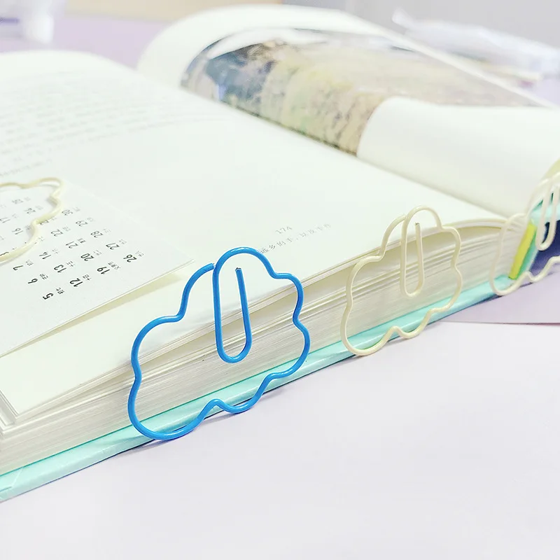 창의적인 구름 종이 클립, PVC 금속 만화 소프트 접착 모양 북마크 클립, 사무실 학교 문구 용품, 10 개/상자