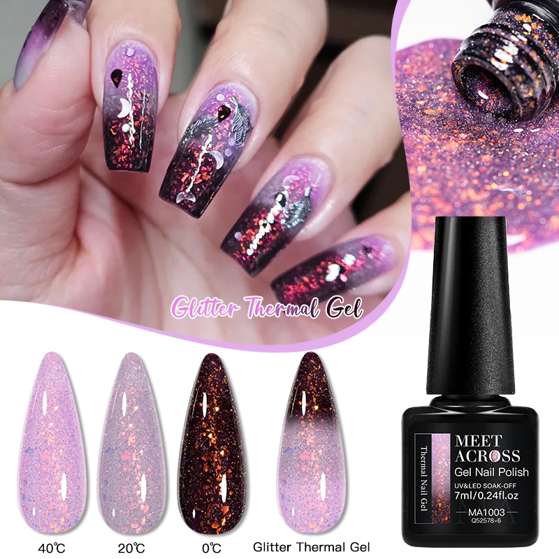 MEET ACROSS 7ml Gold Foil Glitter Thermal Gel Nail Polish Temperature Color Changing Effect UV/LED Gel Varnish Winter Nail Art