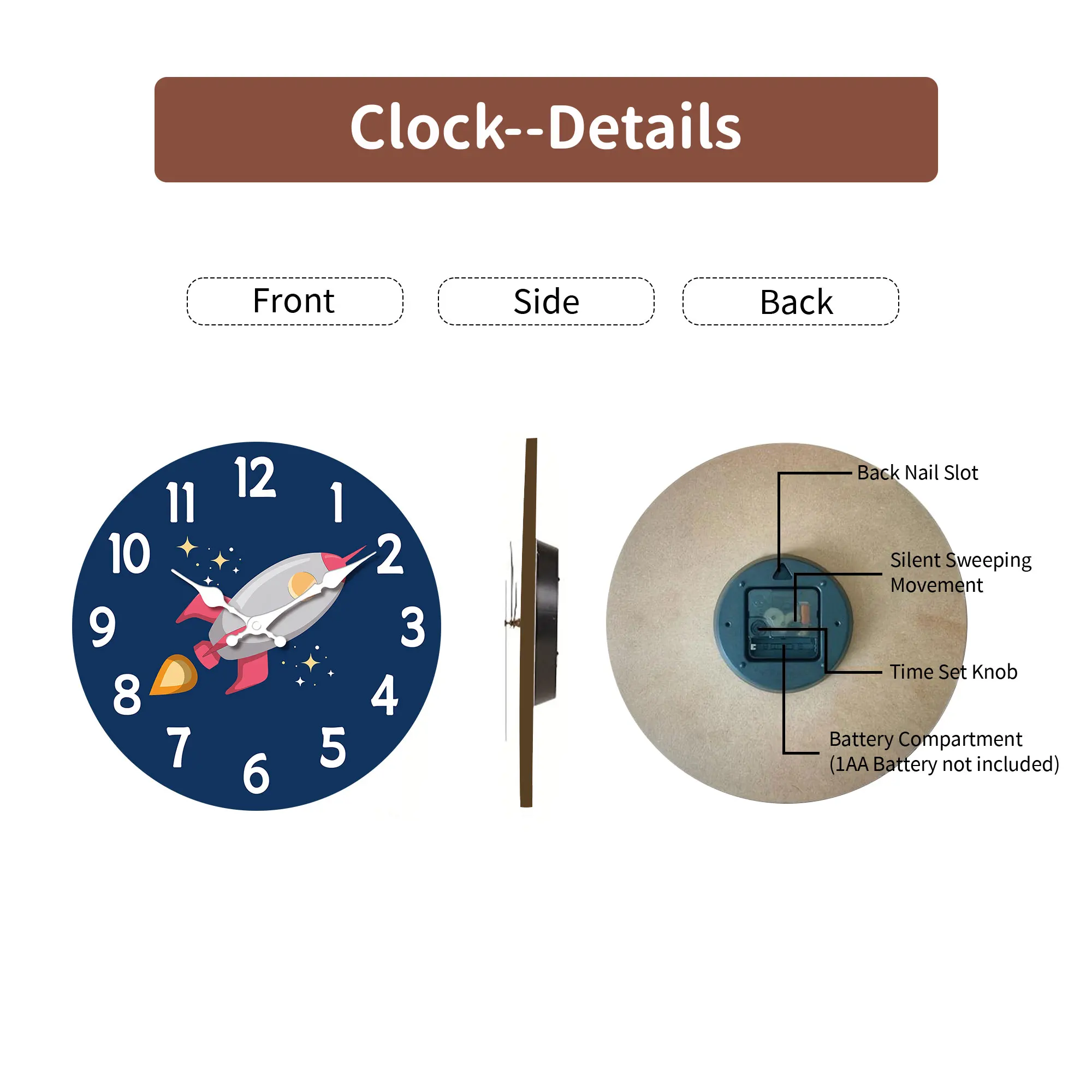 1pc 12 inch wooden wall clock, space rocket design cartoon wall clock, silent clock, suitable for living room bedroom, room deco