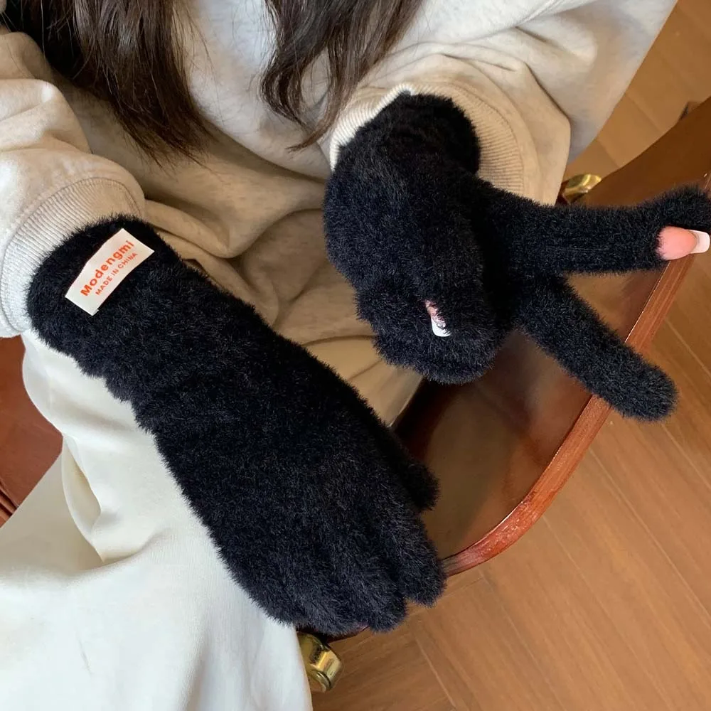 Cute Y2K Soft Plush Finger Gloves Touch Screen Windproof Candy Color Gloves Thickened Furry Anti-cold Mittens Women