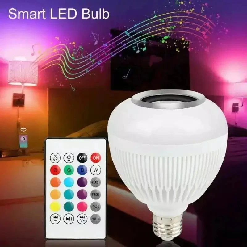 Lâmpada LED Bluetooth E27 12W com Alto-falante, Controle Remoto via APP, Luz Noturna Regulável para Decoração de Casa, Festas e Bares