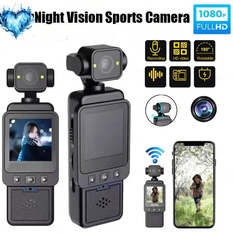 

HD Handheld 180 ° Rotating Mini Portable Anti-shake Camera HD Display WiFi Wireless Wearable Night Vision Motion Camera