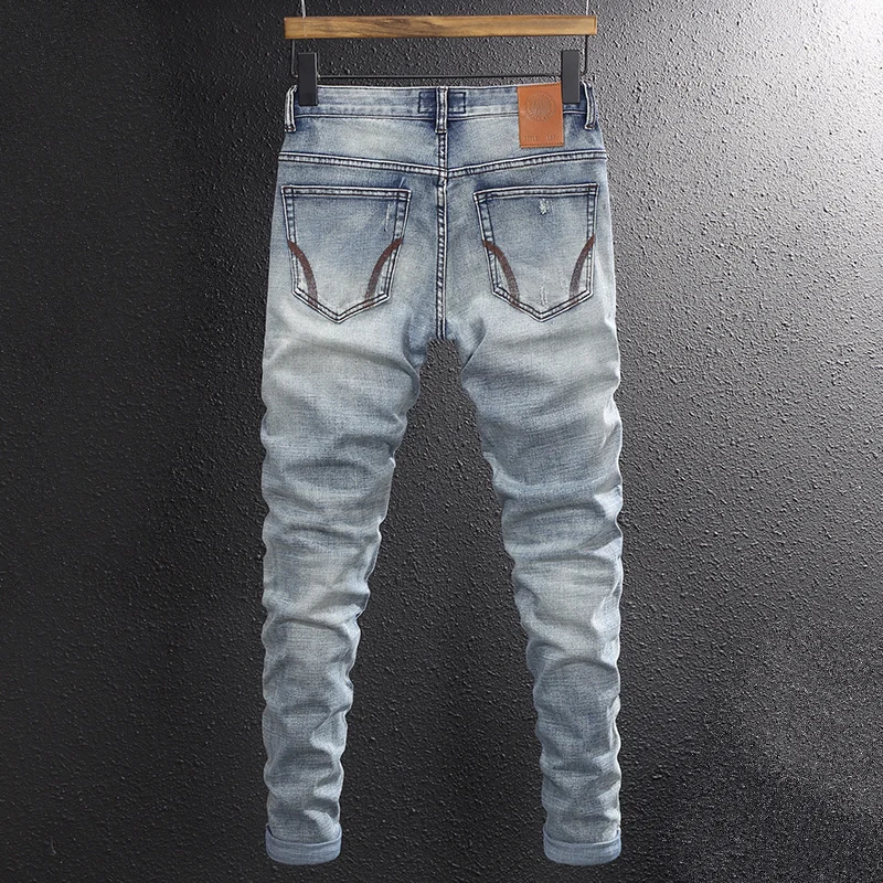 Fashion Designer Men Jeans Retro Blue Stretch Slim Fit Embroidery Hole Ripped Jeans Men Trousers Printed Vintage Pants Hombre