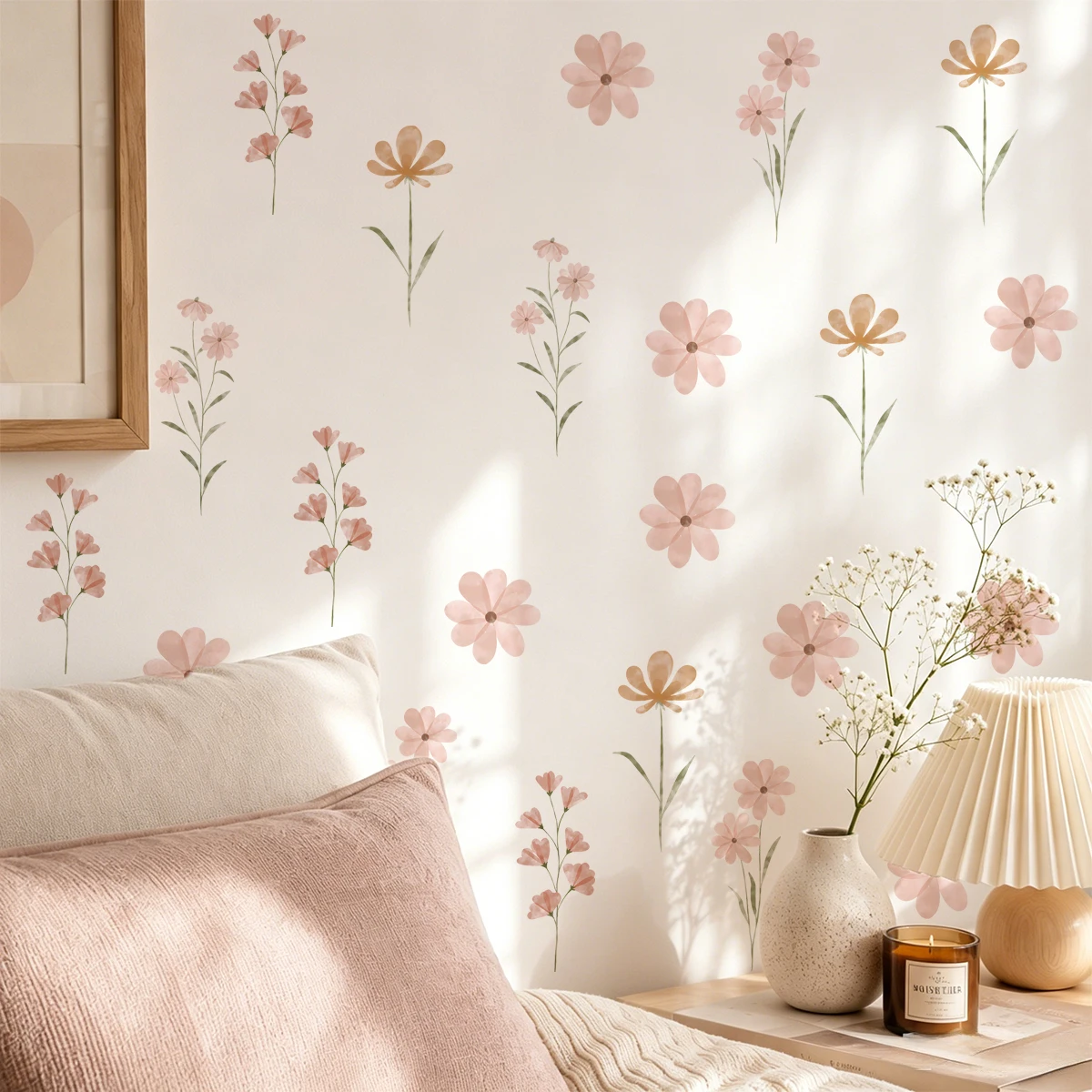6PCS Boho Watercolor Wildflowers Wall Decal Set,Removable Pastel Flower Wall Art for Nursery Bedroom Living Room Home Decor