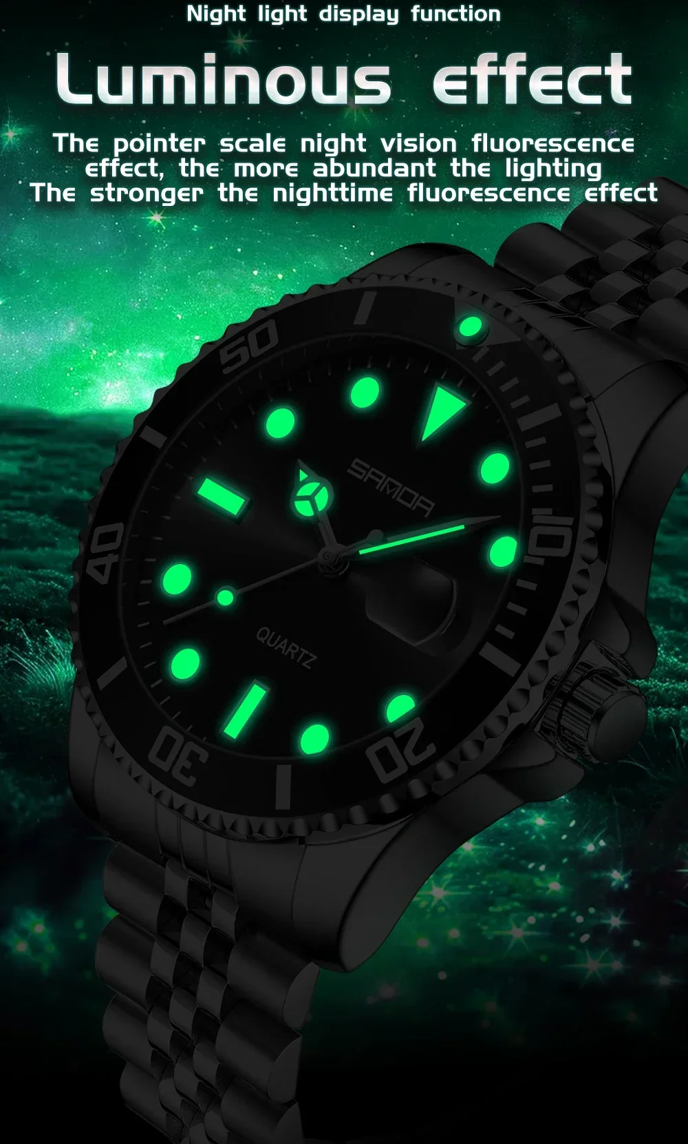 SANDA SD1099 Reloj de cuarzo de lujo a la moda para hombre, reloj de cuarzo fantasma de agua verde, calendario de luz nocturna, reloj de cuarzo resistente al agua