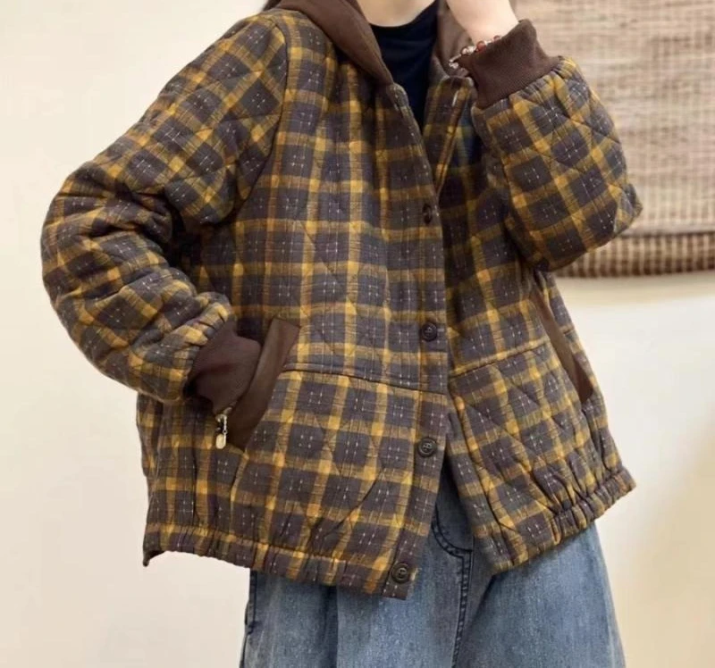 2025 Retro Checkered Hooded Cotton Jacket for Women's Winter Look Thin  Lightweight  and Warm Cotton Jacket