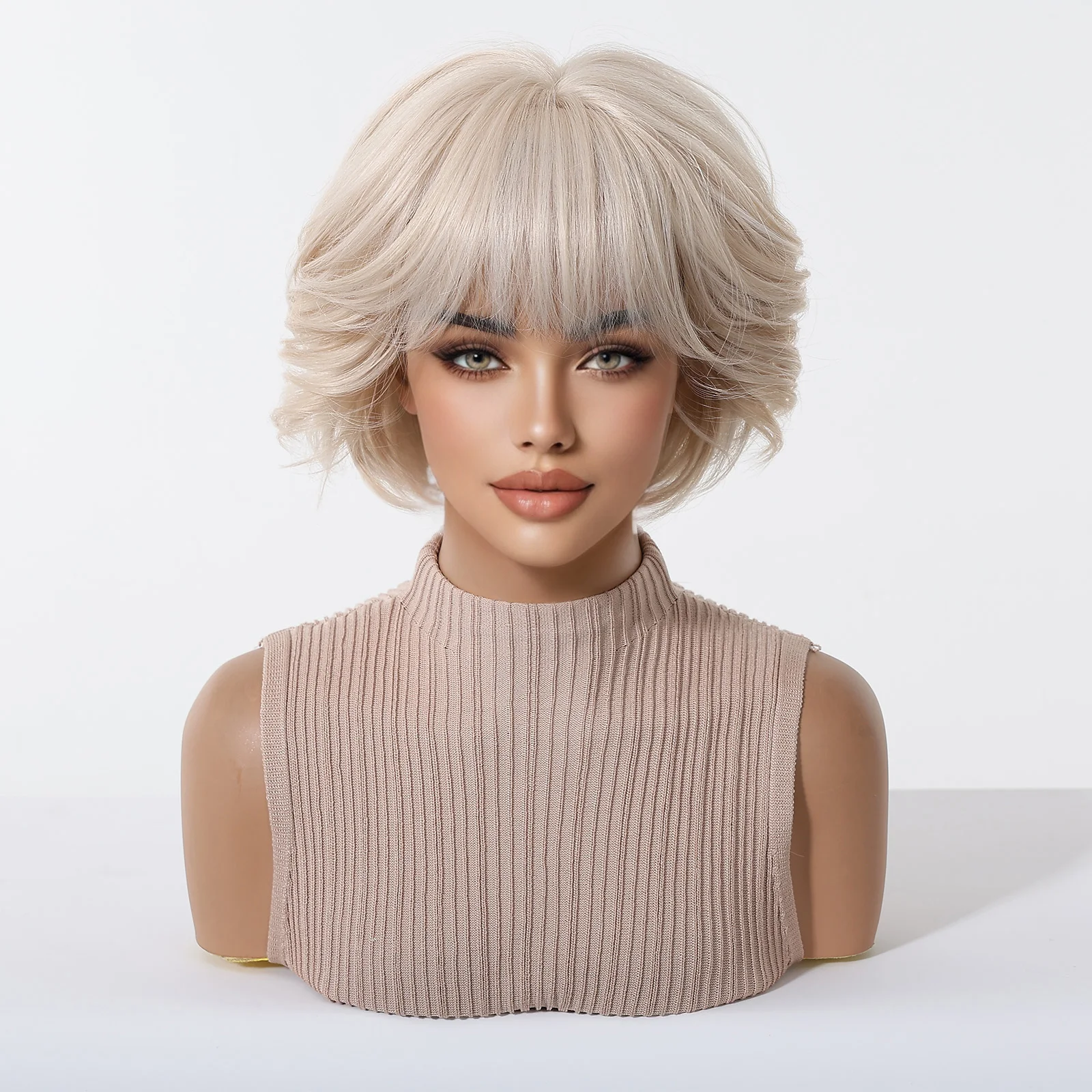Light Platinum Blonde Short Bob Wig with Full Bangs Layered Cut Heat Resistant Synthetic Fiber Wig for Women Daily Party Cosplay