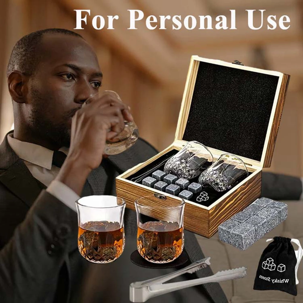 Whiskey Glasses Luxury Set Reusable Ice Cubes Stone for Whisky Scotch Rock Whiskey Wooden Men Gift Set Bar Accessories Home Bar