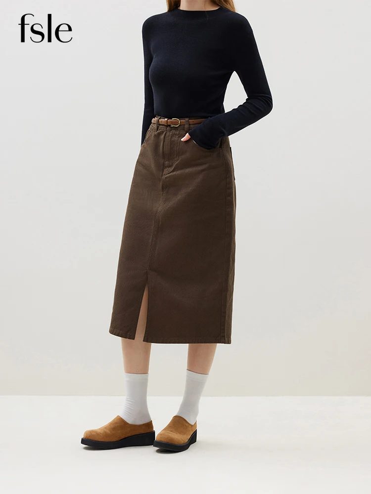 

FSLE 100% Cotton Women Retro Brown Denim Skirts High Waist Front Slit Design Female Winter Mid-length Dark Blue Denim Skirt