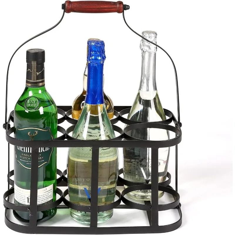 Metal Wine Bottle Carrier 6 Bottle Wine Carrier with Wood Handle Farmhouse Metal Wine Rack Basket