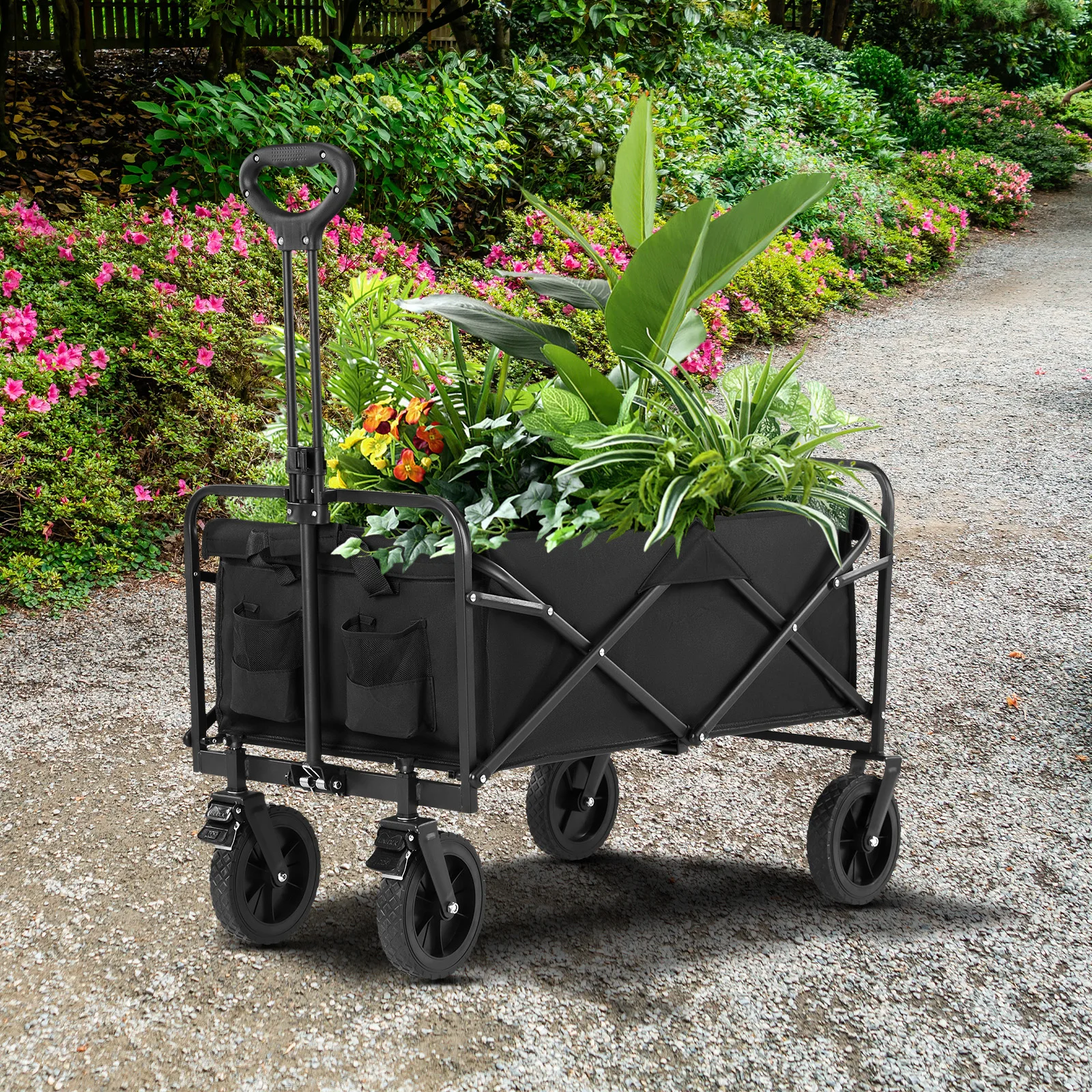 

JHK Outdoor Foldable Large Capacity Garden Cart Collapsible Wagon Cart Adjustable Handle Utility Grocery Wagon for Camping