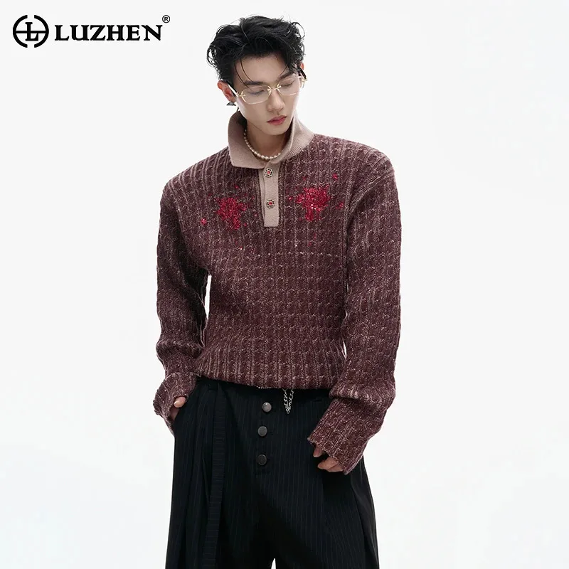 

LUZHEN Sequin Patchwork Pattern Jewelry Buttoned Knitted Pullover Men Fashion 2025 Autumn Winter Original Elegant Sweater JY3946