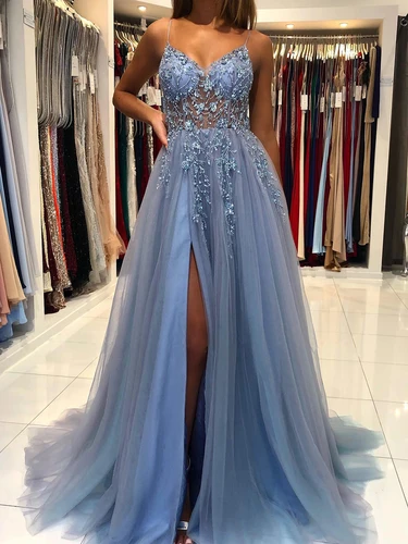 MisShow-vestidos de noche con tirantes, vestido de graduación con cuello en V, corte en A, vestidos con abertura alta, tirantes finos sexys, apliques de lentejuelas de ilusión