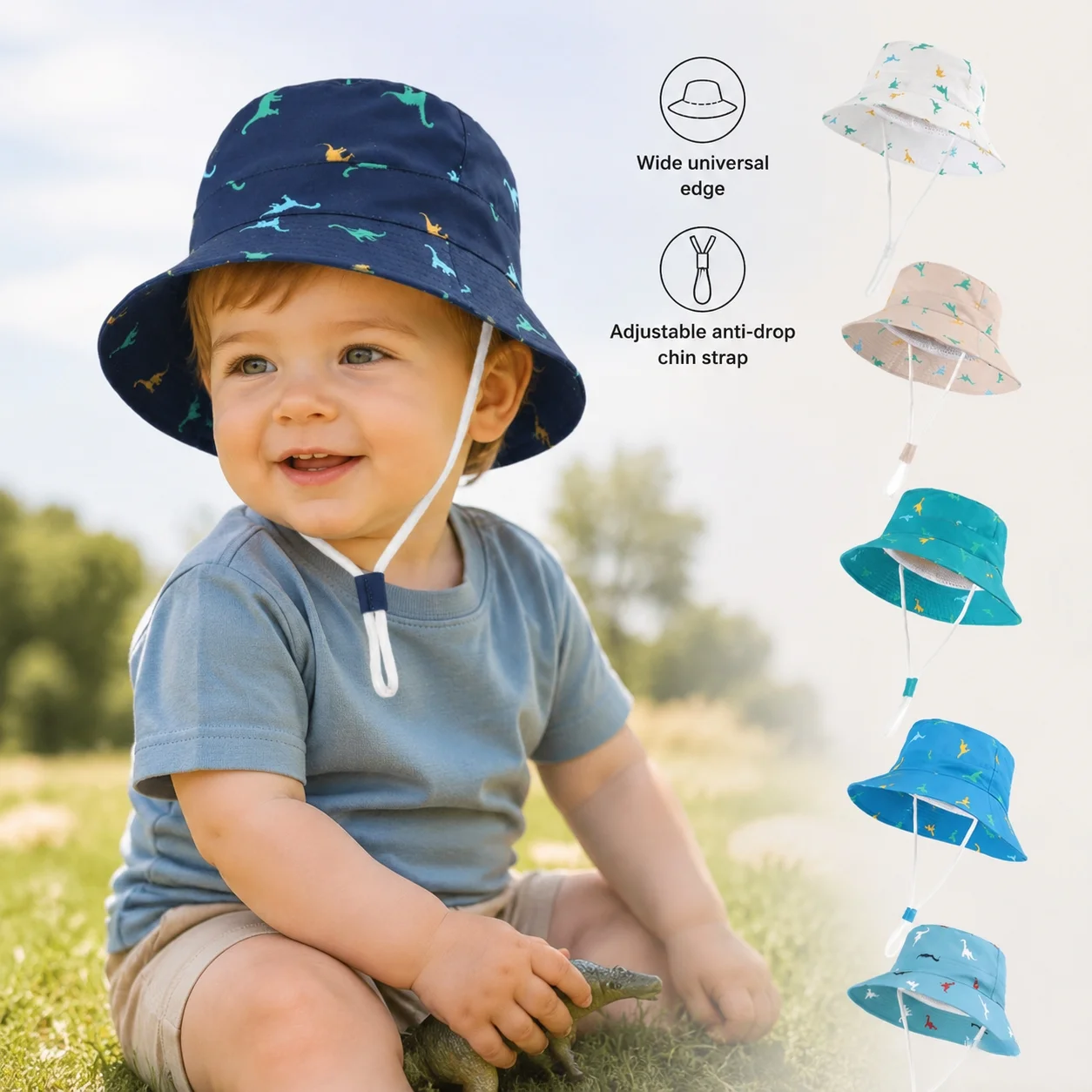 Sonnenschutzhut für Kinder Kleinkinder Jungen Mädchen Dinosaurier Breiter Rand Sommer Outdoor-Hut Baumwolle Baby Bucket Hat mit Kinnriemen