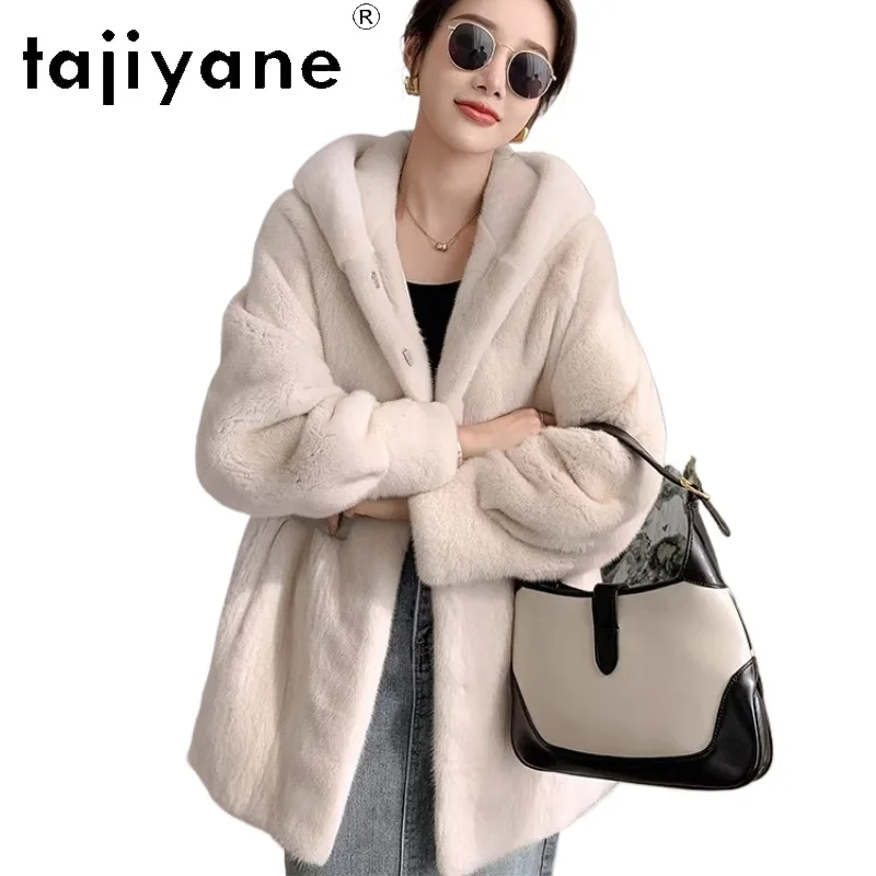 

TAJIYANE Натуральная бархатная шуба из меха норки, женская, с капюшоном, средней длины, модная, из натурального меха, зимняя одежда для женщин 2026