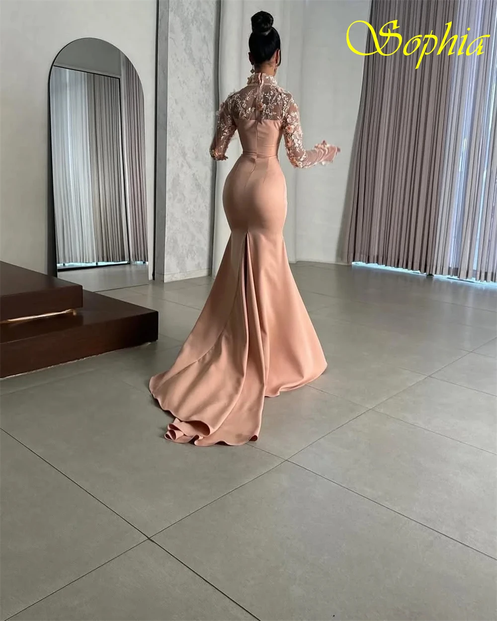 فستان سهرة أنيق من الجيرسيه الوردي مخصص كلاسيكي برقبة دائرية وأكمام طويلة فساتين المشاهير الرسمية حورية البحر مزينة بالحفلات