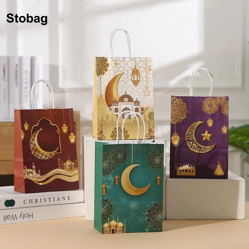 

StoBag 24pcs Ramadan Eid Mubarak Kraft paper Gift Bags Packaging Tote Kids Children for Candy Snack Storage Pouch Party Favors