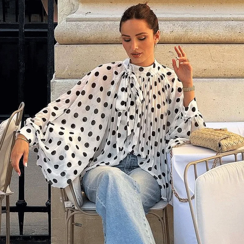 

Ticketsx Polka Dot Women's Shirt Summer Fashion Vintage Lace up See Through Loose Blouses Elegant Female Commute Vacation Shirt