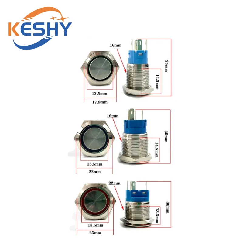 

12/16/19/22mm Waterproof Metal Push Button Switch LED Light Momentary Latching Car Engine Power Switch 5V 12V 24V 220V Red Blue