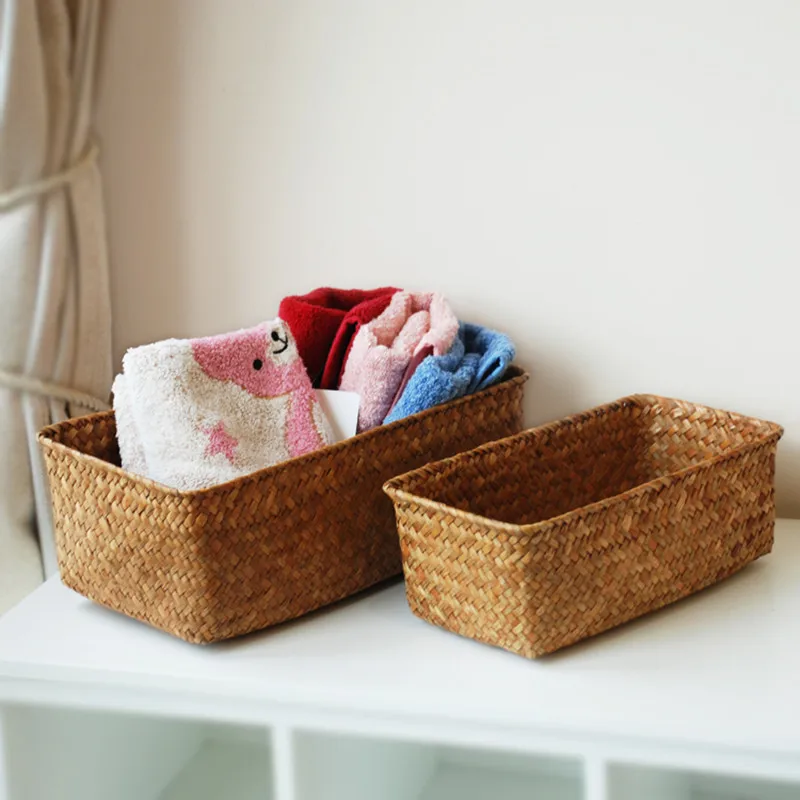 Natural Handmade Storage Baskets Desktop Rectangle Wicker Basket Sundaries Gadgets Storage Container Home Decorative Organizer