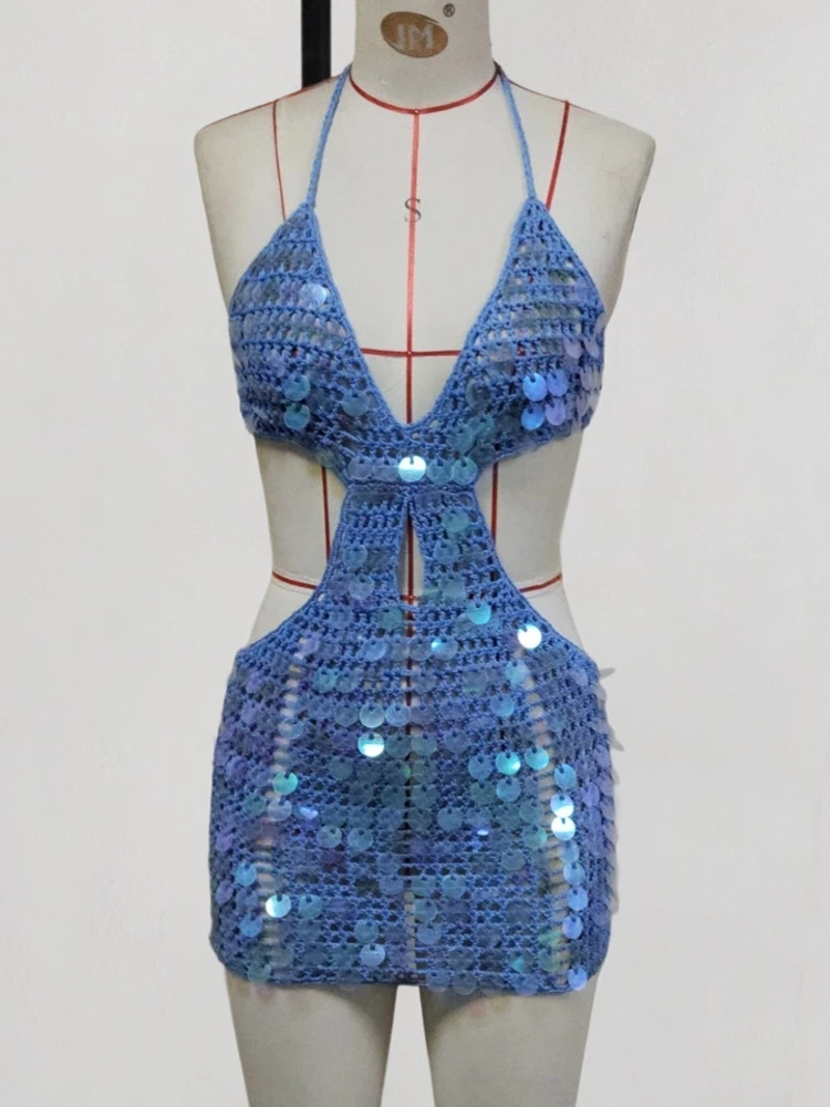 

Sexy Women Knit Beach Dress Hollow-Out V-Neck Sleeveless Bikini Cover-Ups Dress Holiday Dress 2026 Summer Swimwear Beach