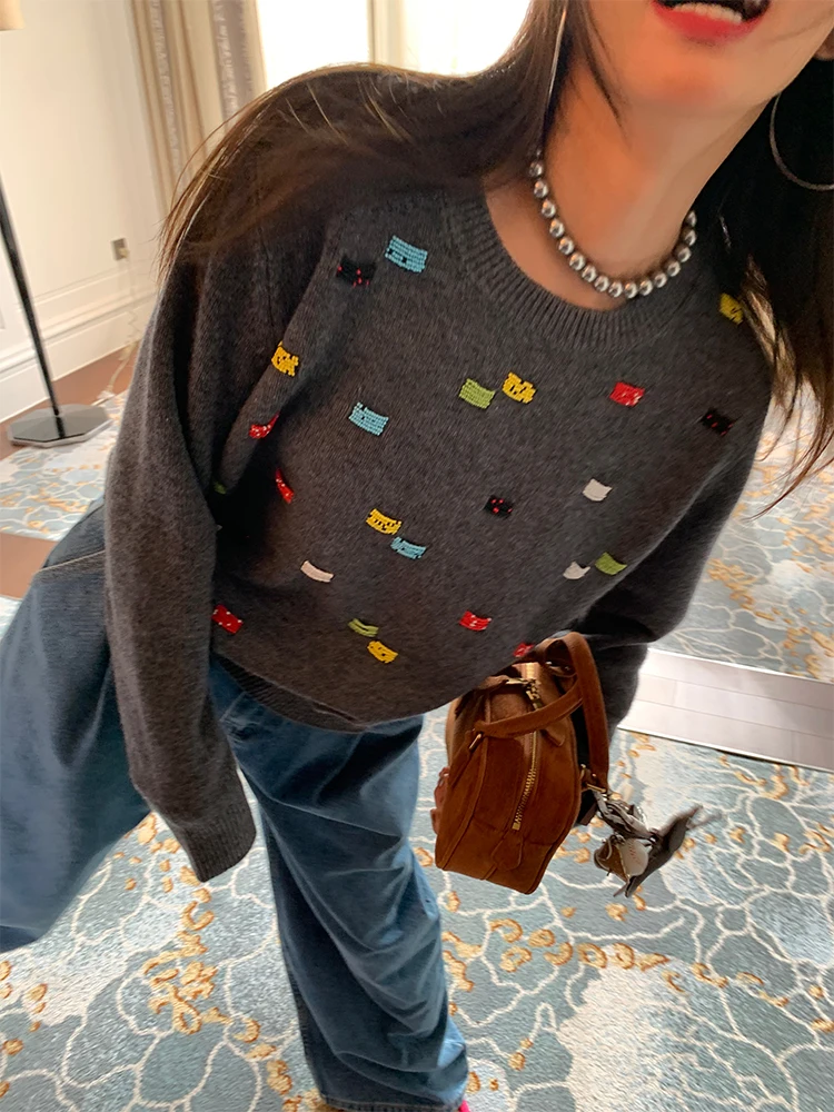 여성용 풀 울 그레이 니트 스웨터 겨울 패션 스몰 사이즈 비즈 장식 스트레이트 컷 출퇴근 스타일 보온