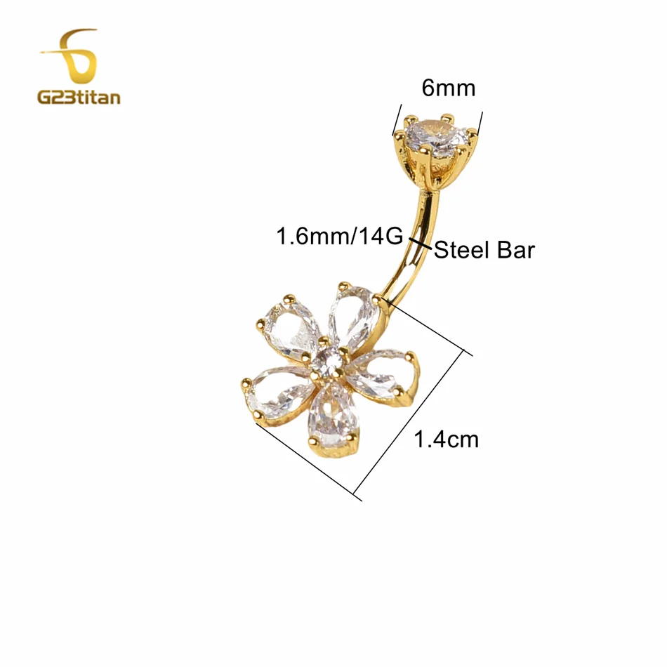 G23titan White Zircon Flower Titanium or Steel Belly Button Ring 1.6mm 14G Curved Barbell Navel Bar Piercing Women Body Jewelry image 6