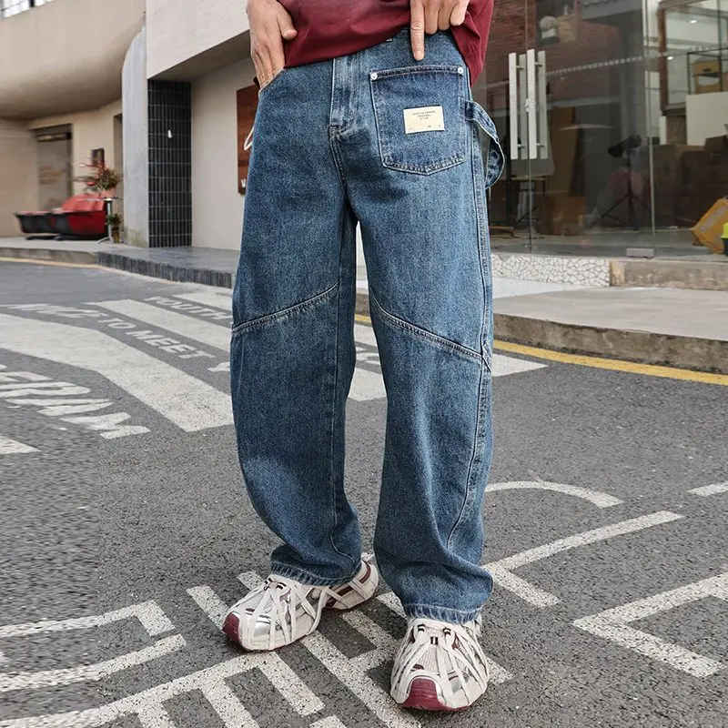 

New Fashion Jeans Men Straight Leg Spliced Denim Pants Spring Male's Vintage Blue Pants