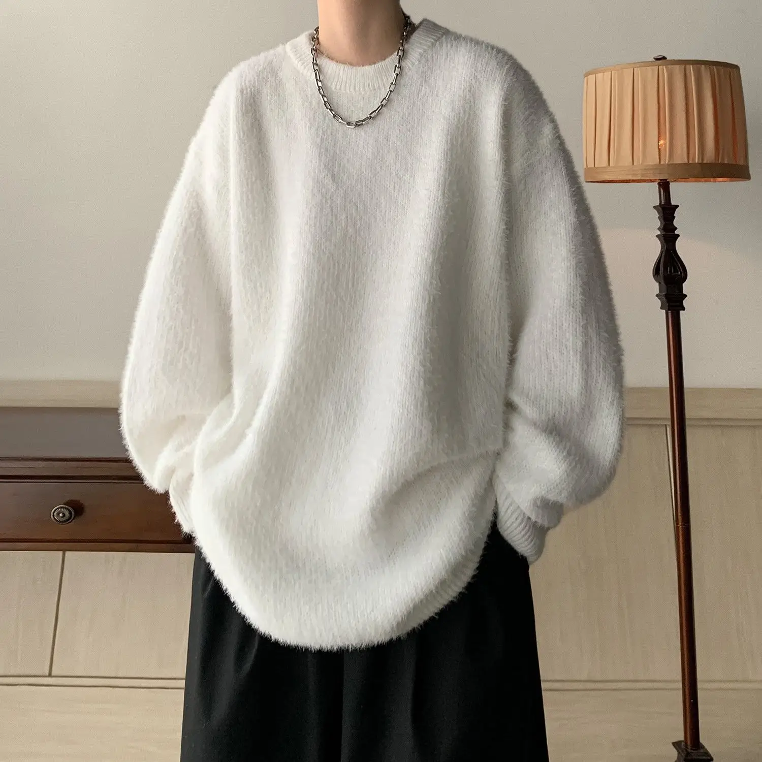 Sweater Men's Autumn and Winter High-end Sense Heavyweight Round Neck Knitted Sweate Lazy Style American Loose Fitting Pullover