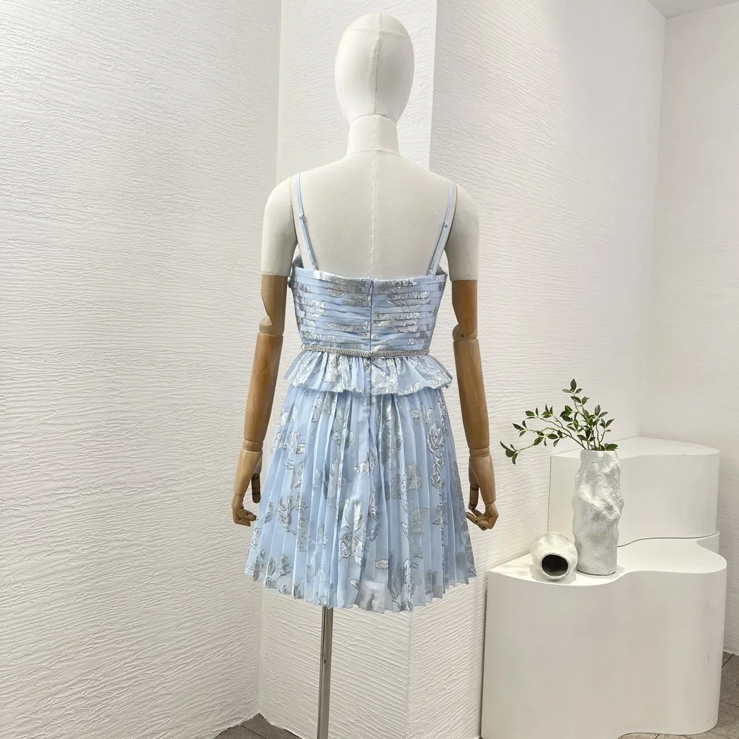 Summer New Arrivals Blue Flouncing Ruffle Sleeveless Ruched Pleasts Belted Women Elegant Camisloe Spaghetti Mini Dress