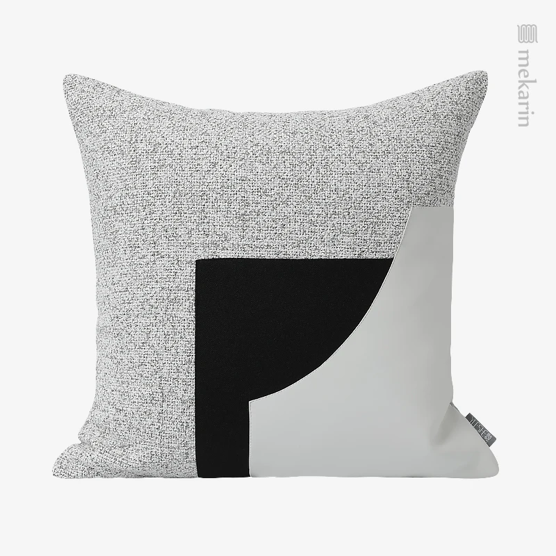 Model room sofa pillowcase light luxury black and white gray leather irregular stitching square pillow hotel bedroom pillow