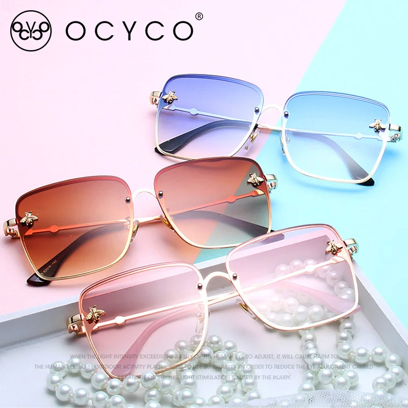 New Fashion Lady Oversize Rimless Square Bee Sunglasses Women Men Small Glasses Gradient Sun Glasses Female UV400