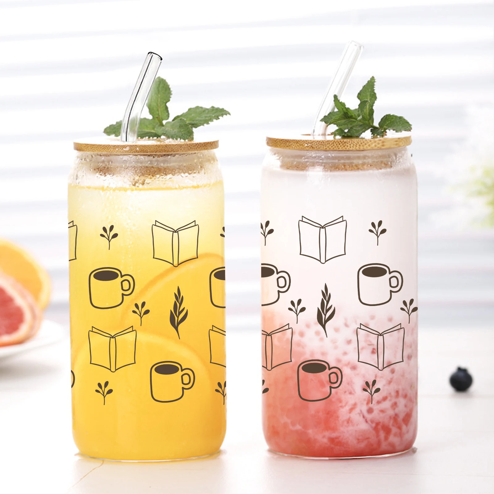 

1pc Books And Coffee 3d Printed Can Glass Coffee Glass Can Soda Can With Lid&Straw Glass Coffee Cup Wine Glass Friendsmas Gift