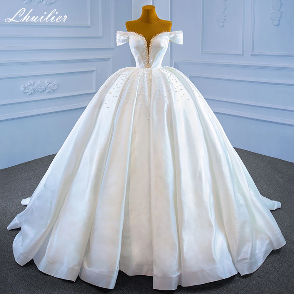 Lhuilier Customized Ball Gown Satin Wedding Dresses Floor Length Off the Shoulder Pearls Beaded Bridal Dress with Court Train