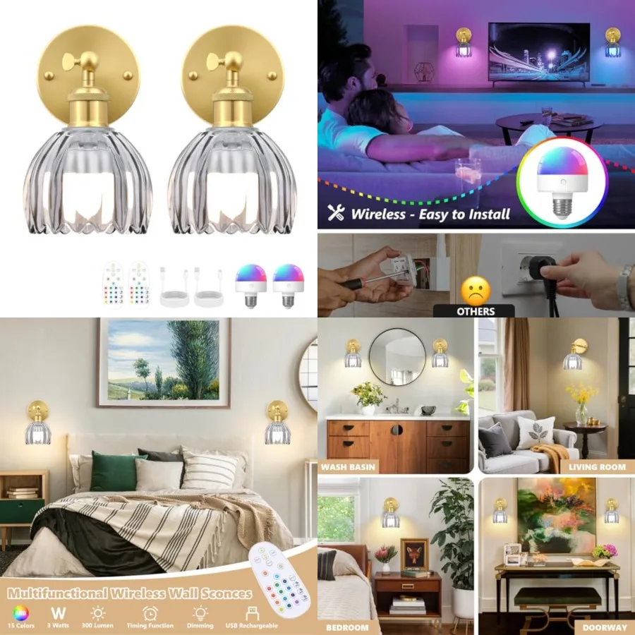 

Vintage Battery Operated Wall Sconce, Smoky Gray Tulip Glass Lampshade Wireless Rechargeable Battery Powered LED Wall Light wit