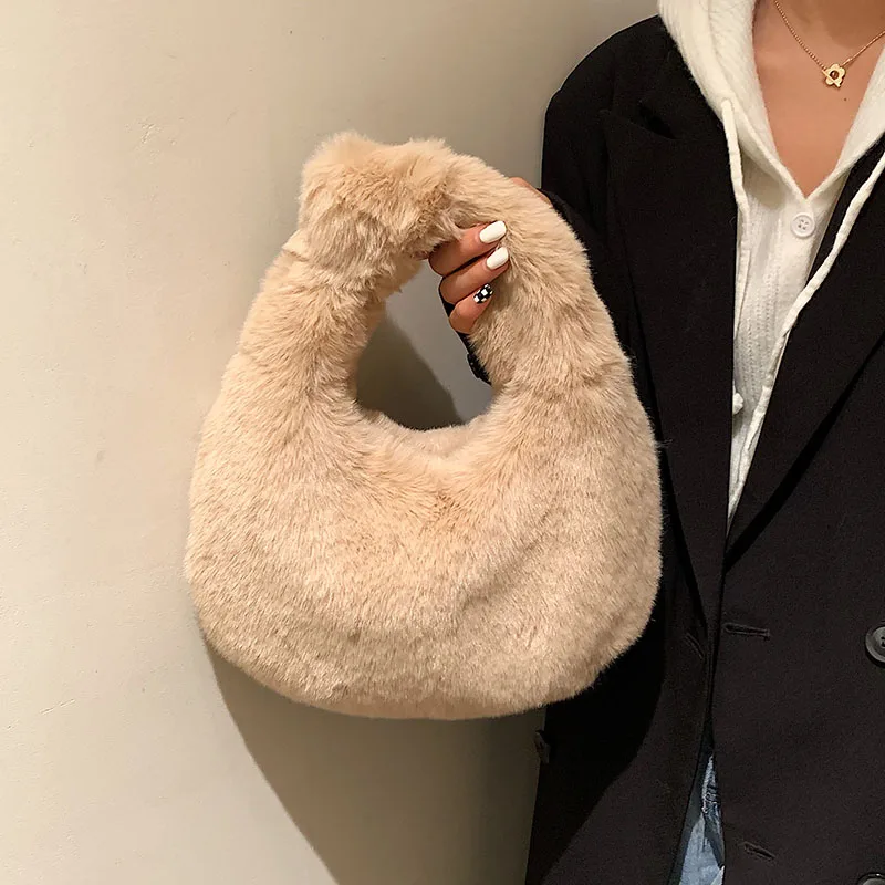 Small Half Moon Bag Tie A Knot Plush Dumpling Bags For Women 2022 Trend Furry Wrist Handbag Soft Fluffy Tote Bag Faux Fur Hobos