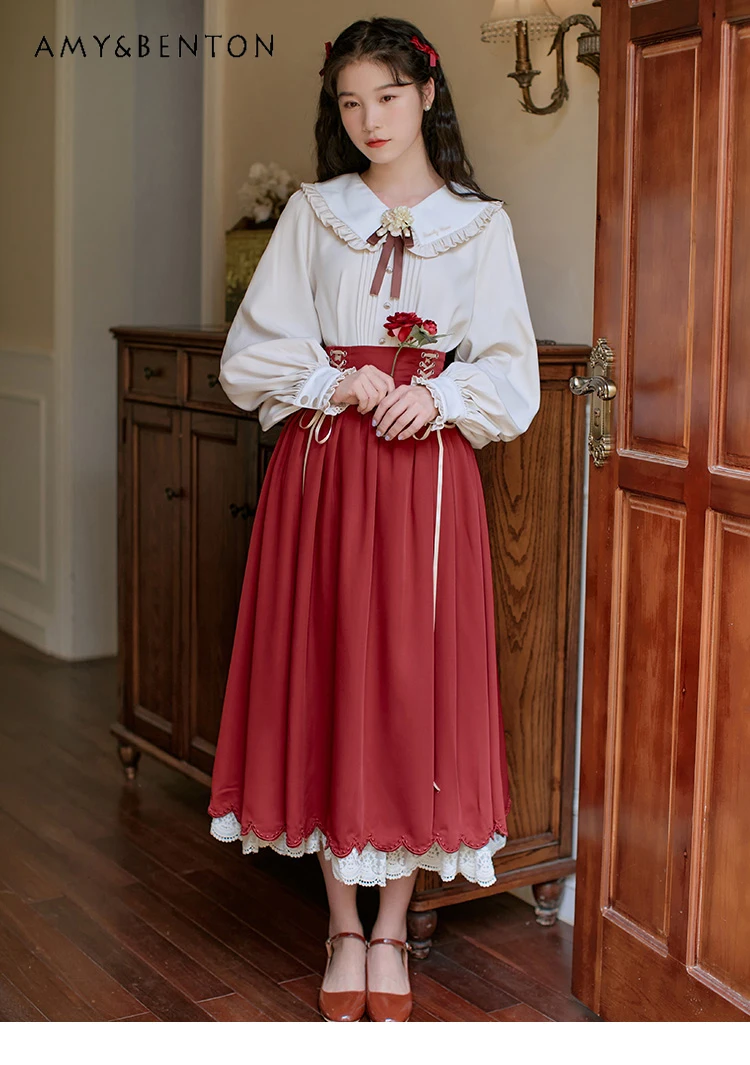 Spring Autumn New Elegant Retro Peter Pan Collar Lantern Sleeve Shirt Cross Tied High Waist Mid-Length Skirt Two-Piece Set Women