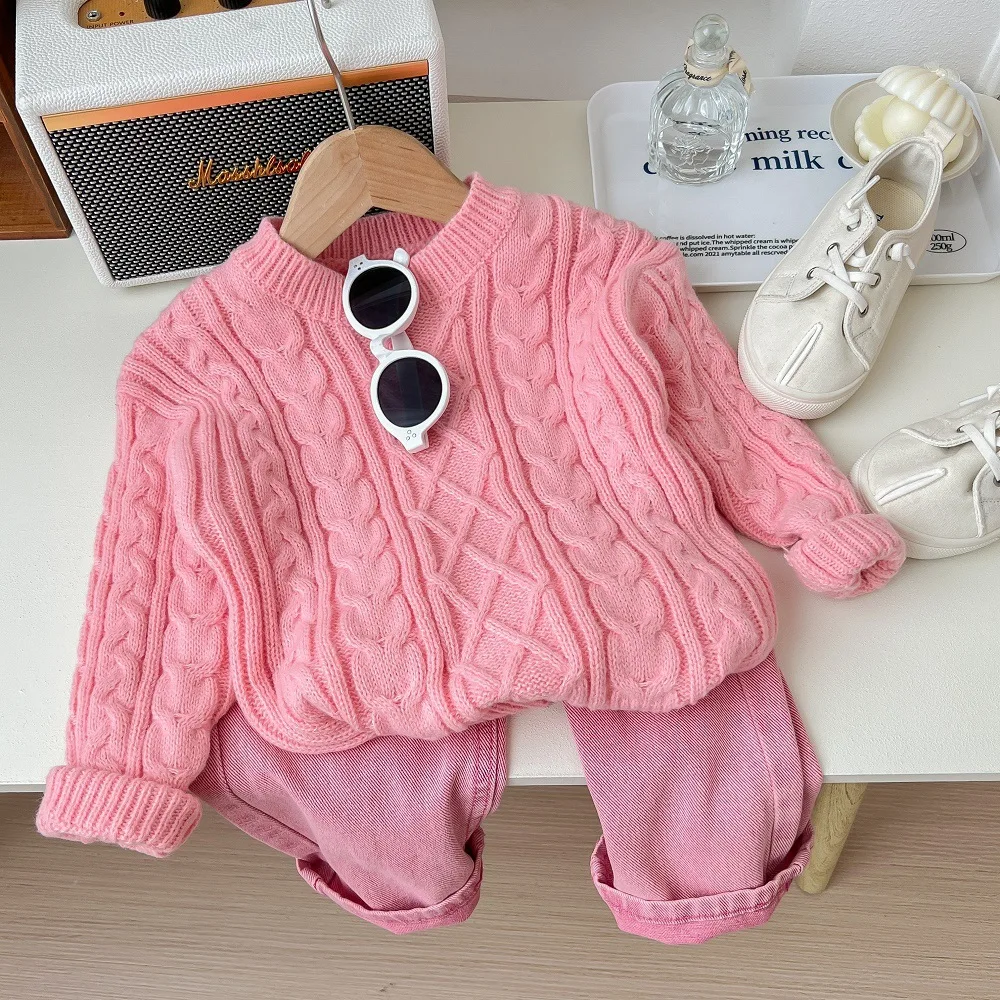 

2023 Autumn Kids Baby Girls 2PCS Clothes Set Cotton Knitted Long Sleeve Sweaters Denim Pink Pants Suit Toddler Girls Outfits