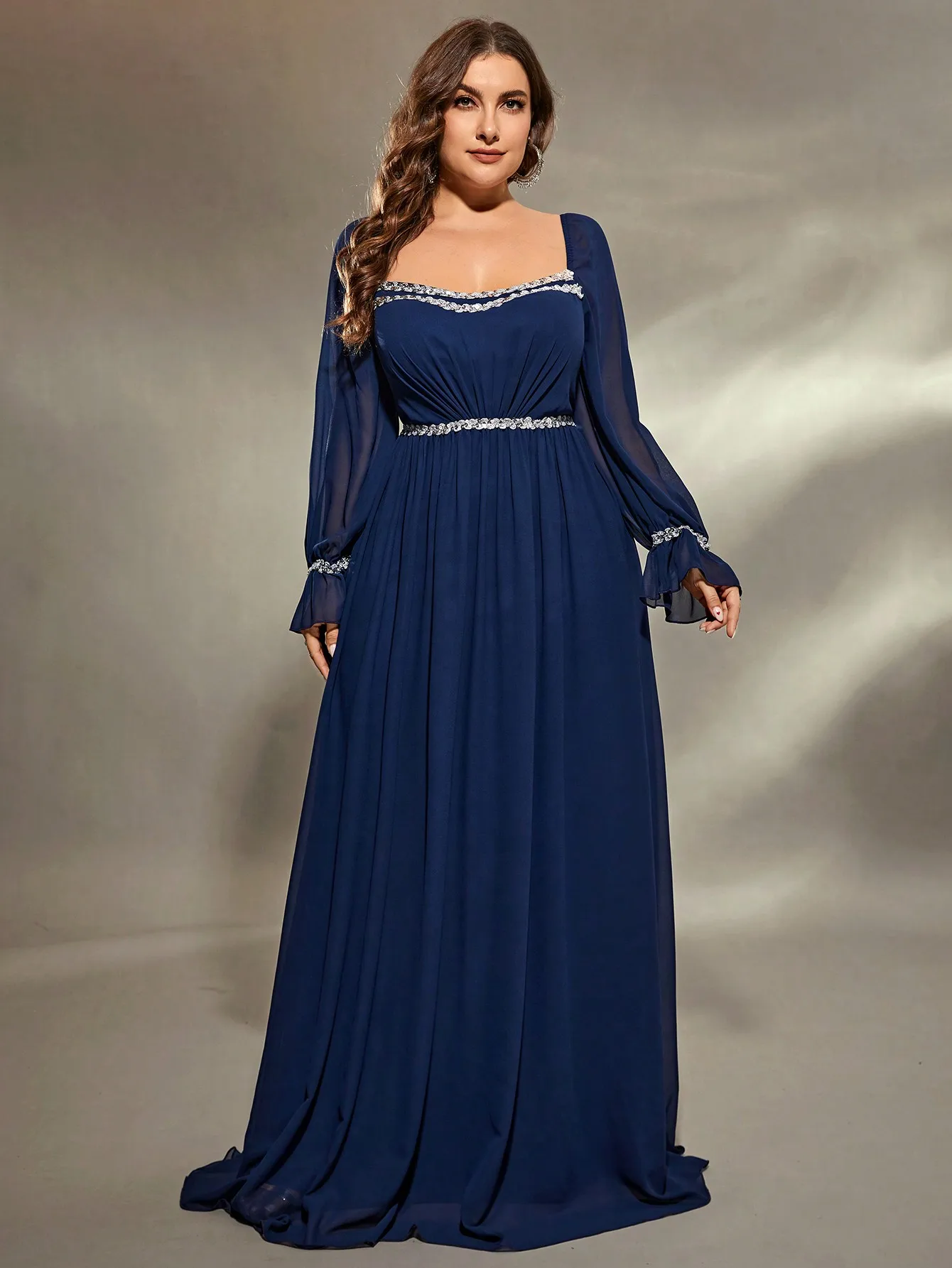 Mgiacy   plus size  Round neck sequin ribbon Trim Shoulders Bubble Long Sleeve waist pleat Chiffon A full Skirt Evening gown