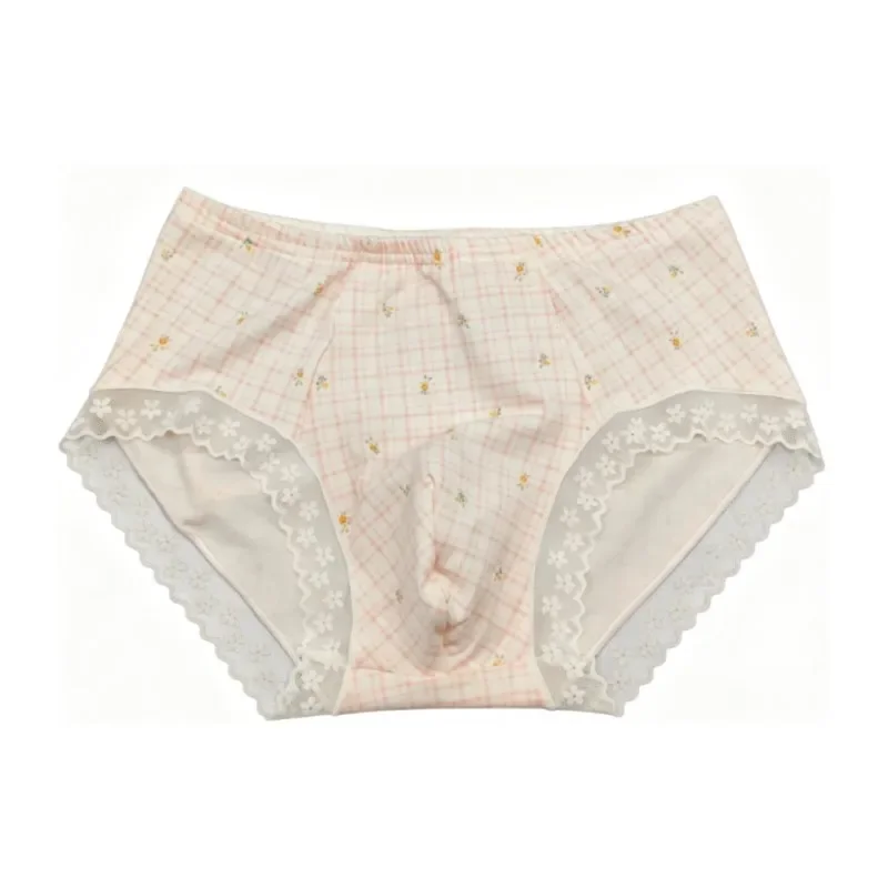 Man's Sexy Underwear Mid-rise Plaid Floral Print Lace Hem Convex Pouch Panties Soft Breathable Cross-dressing Briefs