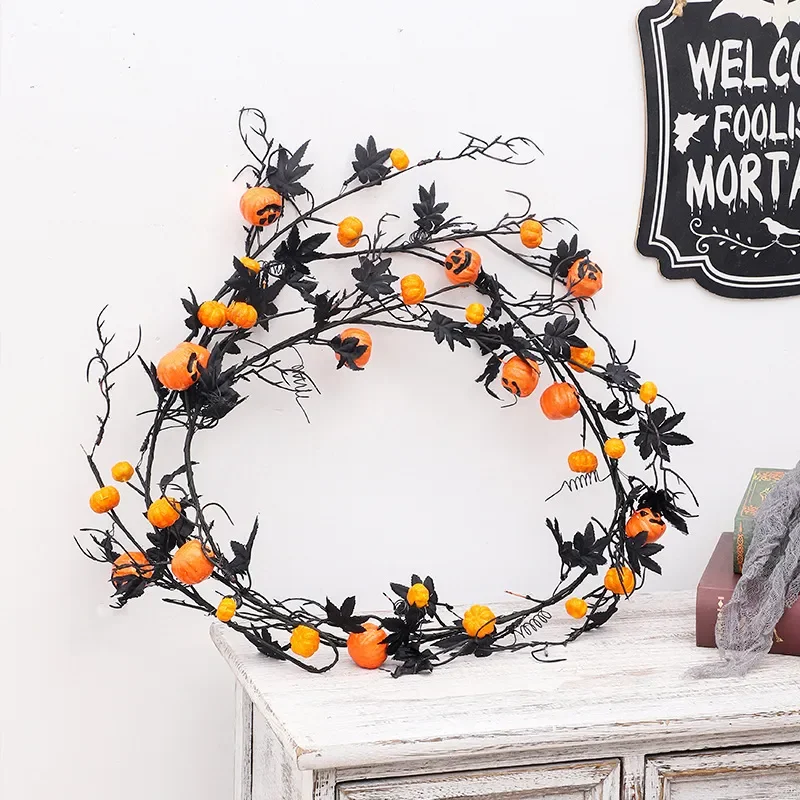 1.8m Black Maple Horror Pumpkin Rattan Hanging Decor for Halloween Home Party Door Pendant