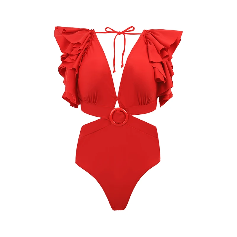 CPUTAN 2024 Red Ruffle Bikini Set With Cover Up Luxury Swimsuit Women Push Up Swimwear High Waist Monokini Brazylijski kostium kąpielowy