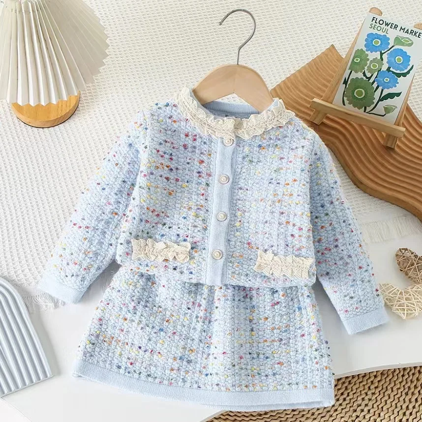 

Girls Knitted Clothing Sets Spring Autumn Children Woolen Jersey Sweaters Coats Skirts 2pcs Dress Suit For Baby Princess Outfits