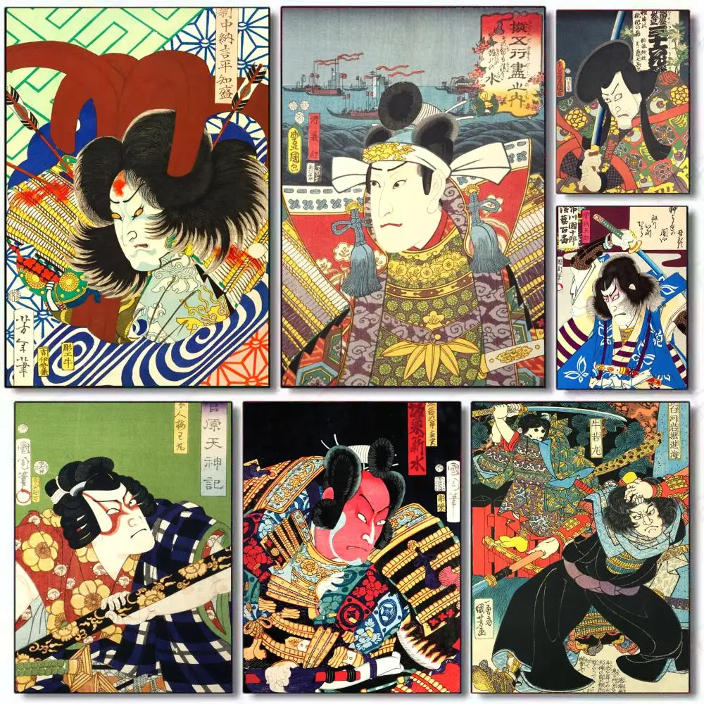 

Japanese Style Ukiyoe Samurai Painting Calligraphy Premium Waterproof Canvas Poster Wall Art for Living Room Bedroom Home Decor