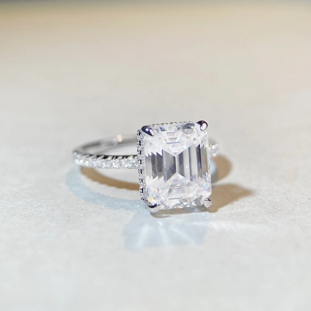 

European and American Cross-border Wish925 Pure Silver Moissanite Ring, Women's Emerald Cut Pagoda Moissanite 4-carat