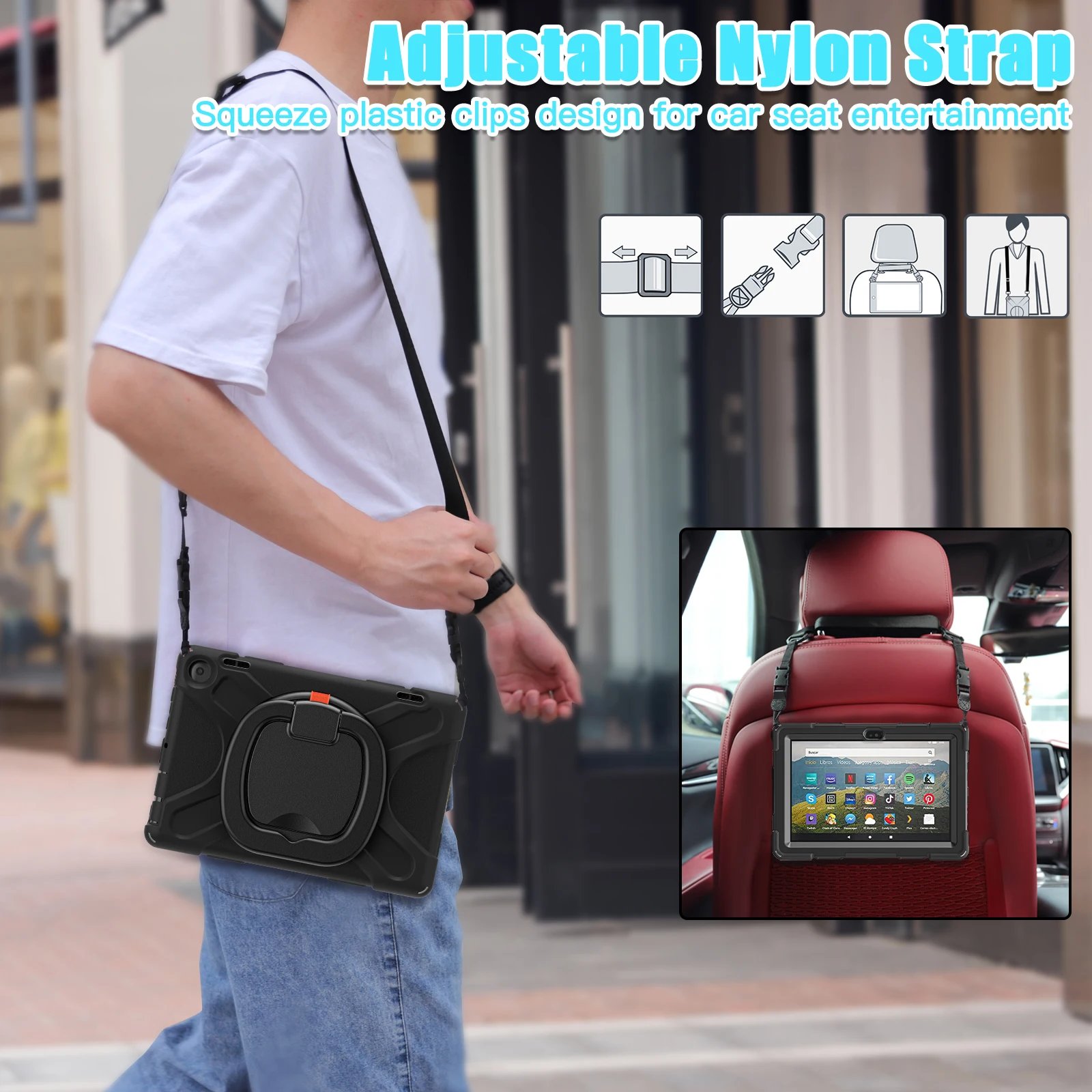 Capa robusta com suporte giratório para amazon fire hd 8 (plus) 2024 2022 8.0 polegadas capa de armadura resistente com alça alça de ombro