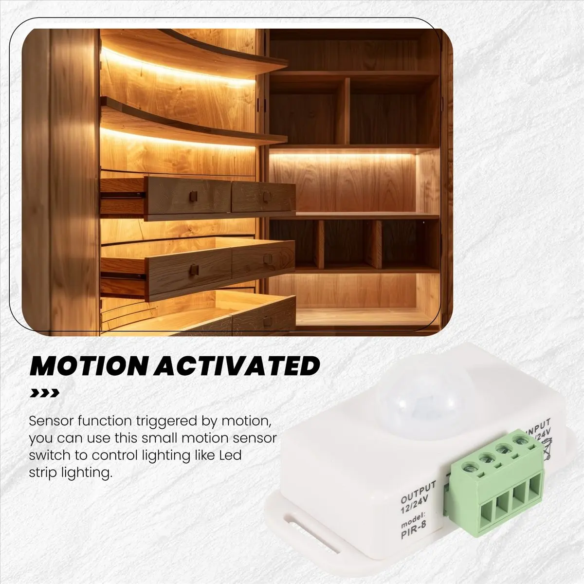 DT179/PIR Infrared Motion Sensor Detector, DC 12V-24V Strip Light Motion Sensor Switch, for Cupboard Cabinet Stairs Kitchen