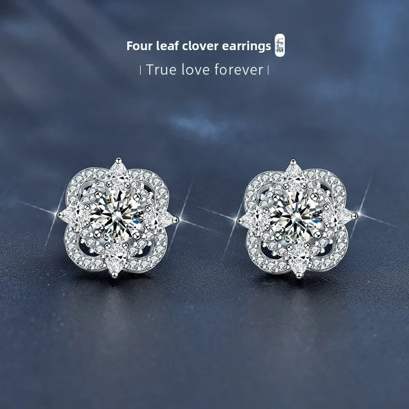 

S925 Silver White Gold Plated 0.5CTx2 D Color Four Leaf Clover Moissanite Stud Earrings for Women, Lucky Fine Jewelry Gift